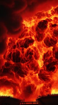 Massive industrial explosion with intense red and yellow fire clouds above dark storage tanks silhouette