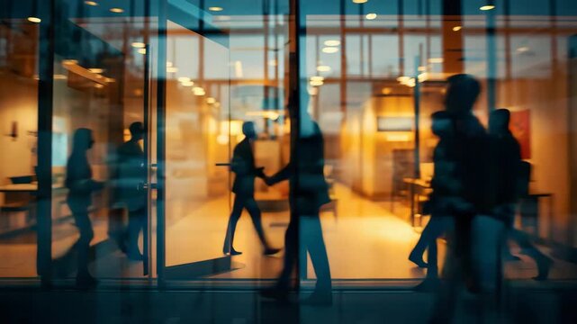 Blurred silhouettes of people walking through glass entrance of modern office building with warm interior lighting