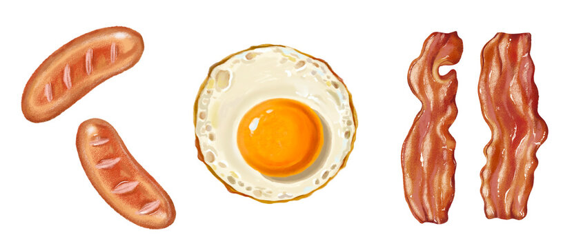 fried eggs with bacon and sausage, breakfast, protein, good morning, hand-drawn illustration on a transparent background.