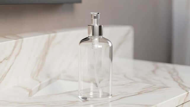 Empty transparent cosmetic pump bottle placed on polished marble vanity with elegant reflections and soft neutral background delivering premium packaging visual ideal for luxury skincare branding 