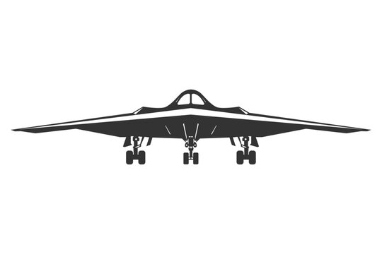 Front view silhouette bomber aircraft B21 raider. Black and white vector illustration from face in minimalist monochrome style. Modern united states military aircraft concept drawing.