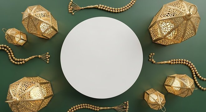Elegant top-down flat lay of ornate golden Islamic lanterns and prayer beads surrounding a blank white circular space on a rich emerald green background.