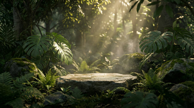 Tropical Rainforest Stone Podium for Natural Product Display Background