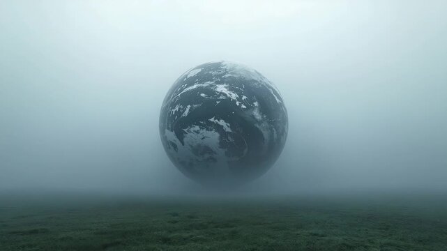 Large spherical object floating above foggy grassy field surrounded by dense mist in surreal outdoor landscape