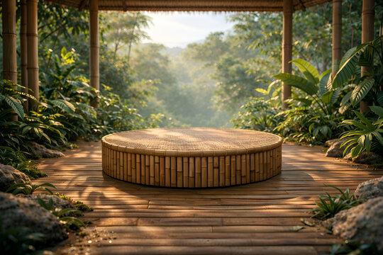 Bamboo Podium in Tropical Pavilion Sustainable Product Display Background