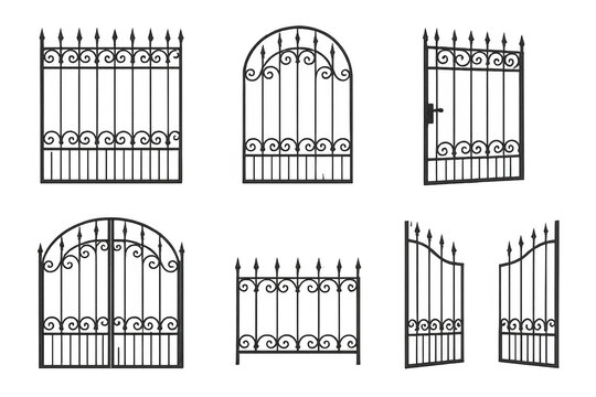 Six black decorative wrought iron gates and fence panels with scrollwork and spear finials, shown as isolated silhouettes on a transparent background