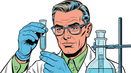 Vintage comic style vector of a professional scientist holding a test tube in laboratory © VectoVerse