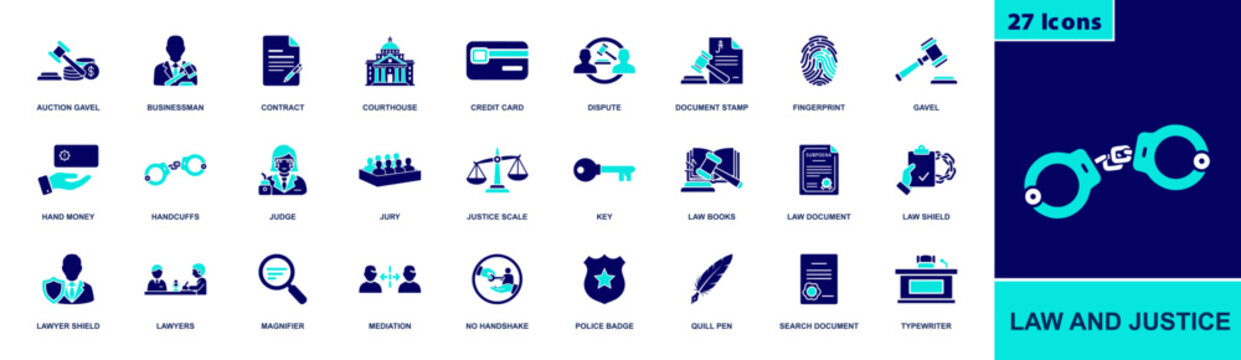 Law and justice icon set. Containing gavel, courthouse, contract, judge, jury, handcuffs, fingerprint, legal document, scales, lawyer, police badge and more. Solid fill vector icons.