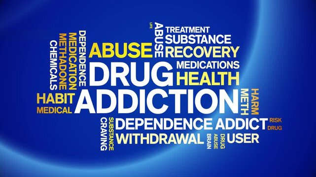 Drug Addiction animated word cloud-text design animation tag kinetic typography seamless loop.