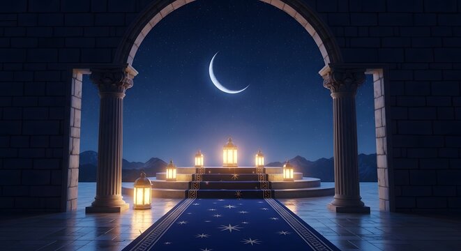 Serene Islamic mosque entrance illuminated at night with crescent moon, lanterns, and steps, a peaceful Ramadan or Eid al-Fitr celebration scene in a 3D rendered, photorealistic, and mystica