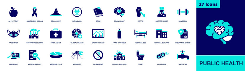 Public health icon set. Containing fruit, ribbon, biohazard, mask, first aid, global health, hospital, insurance, mosquito, virus, water and more. Solid fill vector icon collection.