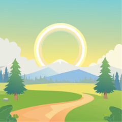 Paysage nature stylis&eacute; aux couleurs acidul&eacute;es &ndash; Montagnes et soleil jaune vert bleu