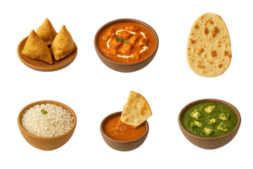 Assortment of Indian dishes including samosas, butter chicken, naan, steamed rice, curry and palak paneer served in bowls on a transparent background