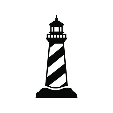 Vector icon of lighthouse on rocky coast, black and white Vector
