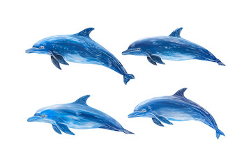 Obraz premium Four graceful blue dolphins swimming isolated on a white background.