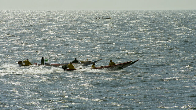 Pirogues de p&ecirc;che lanc&eacute;es &agrave; pleine vitesse le long des c&ocirc;tes du S&eacute;n&eacute;gal