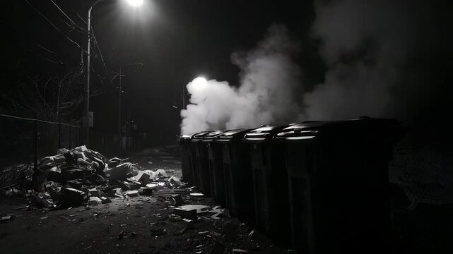 Row of garbage bins releasing steam under streetlight at night beside piles of trash in urban setting
