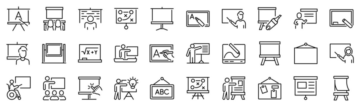 Set of 30 outline icons related to whiteboard. Linear icon collection. Editable stroke. Vector illustration