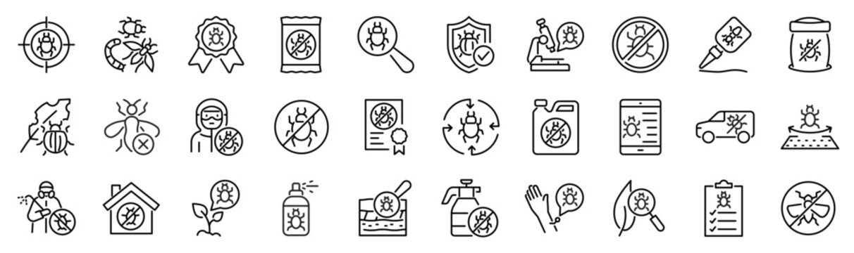 Set of 30 outline icons related to pest. Linear icon collection. Editable stroke. Vector illustration