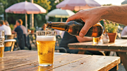 Man pouring cold beer into glass at outdoor cafe. Refreshing drink on wooden table. Leisure time and summer relaxation concept. © ludmila