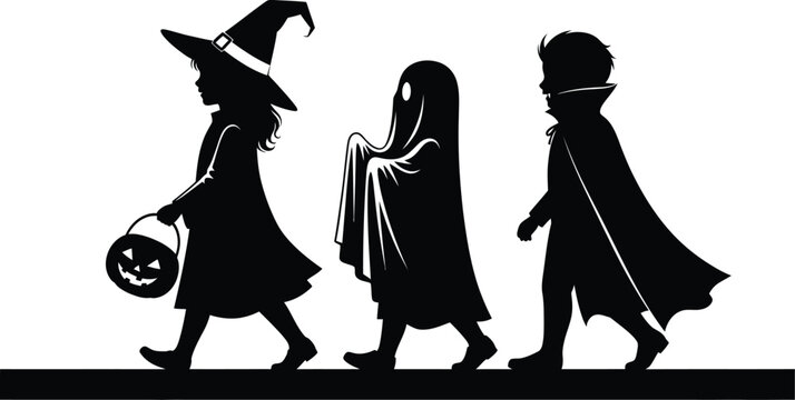 Three children in halloween costumes walking together