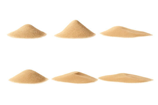 Six small beige sand piles arranged on a transparent background