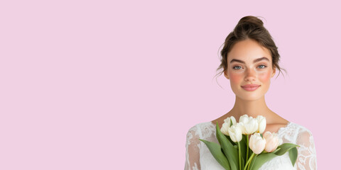 Obraz premium Uśmiechnięta kobieta trzymająca białe tulipany na różowym tle, idealne do projektów wiosennych i z okazji Dnia Kobiet