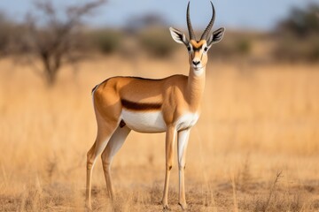 Naklejka premium Gazelle standing in a dry savanna habitat, facing the camera with striking horns