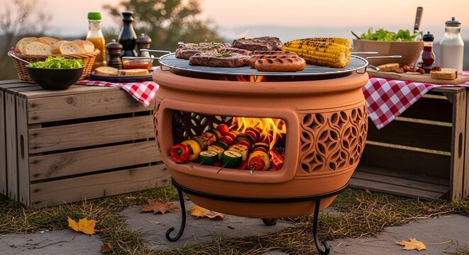 Outdoor terracotta chiminea grill with cooking meat and vegetable skewers at sunset