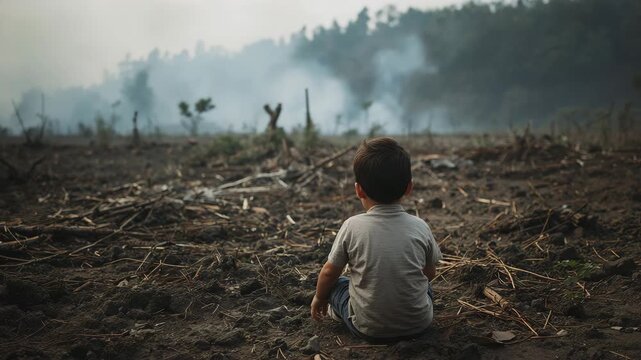 Small child sitting alone facing deforested landscape with tree stumps and distant smoke under cloudy sky