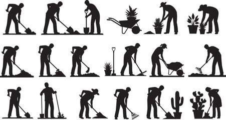 Black vector silhouette set of eighteen diverse gardeners and farmers digging with shovels raking soil pushing wheelbarrows and planting flowers for landscaping branding © MstSahanaj