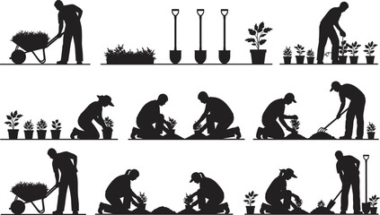 Black vector silhouette set of fifteen diverse gardeners and farmers planting seedlings in soil pushing wheelbarrows and using shovels for landscape design branding © MstSahanaj