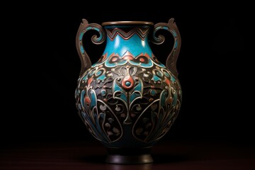 Art nouveau vase featuring intricate floral patterns and vibrant enamel colors on a black background