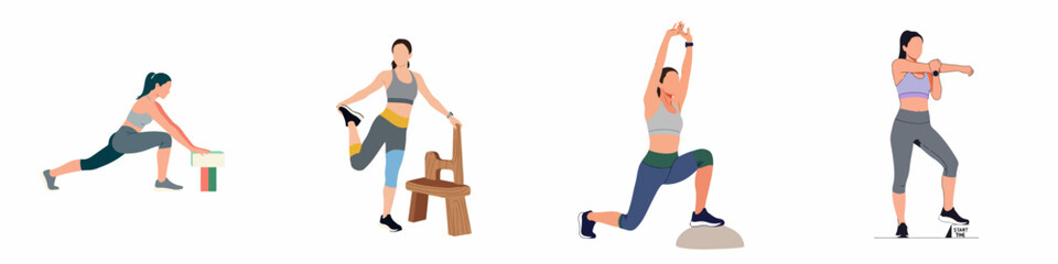 Obraz premium Women performing diverse fitness stretches, including lunges with elevated supports and arm extensions, demonstrating warm-up and cool-down exercises for a healthy, active lifestyle.