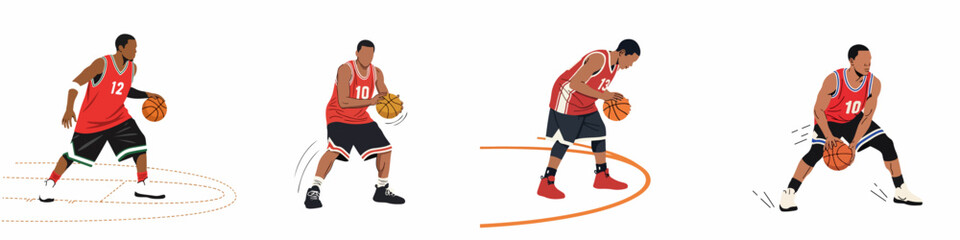 Fototapeta premium Dynamic vector illustrations of male basketball players dribbling the ball in various action poses.