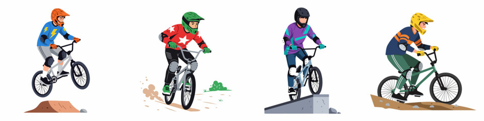Naklejka premium BMX riders performing stunts and riding on various terrains, showcasing extreme sports and freestyle biking.
