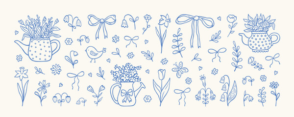 Coquette hand drawn Spring elements. Minimalist art sketch whimsical lines. Vector blossom meadow and garden flowers, bows, floral decor, watering can,bird, leaves and herb, strawberry, butterfly. © Anna Bova