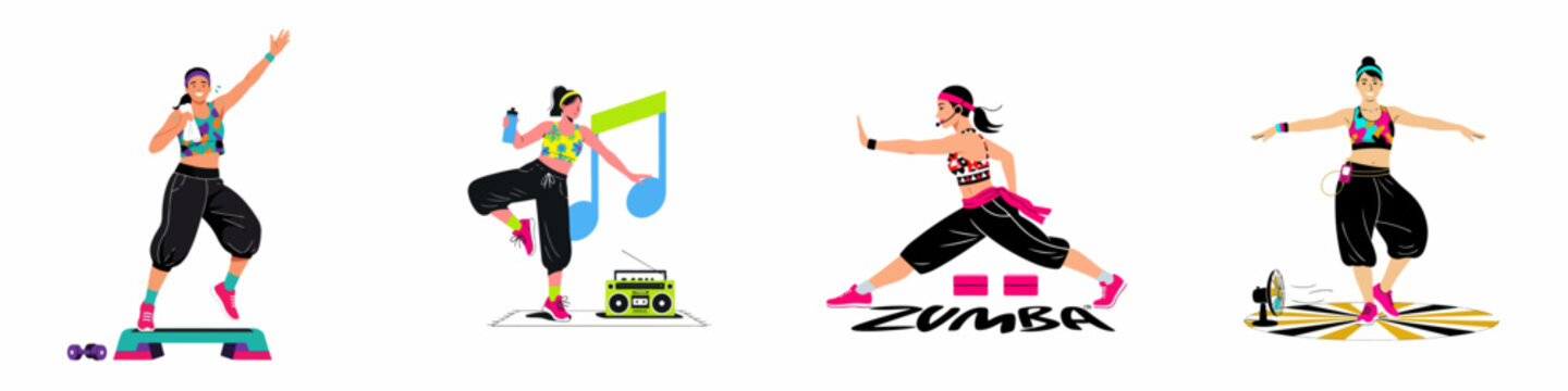 Energetic women performing diverse Zumba and dance fitness workouts with vibrant enthusiasm and modern illustration style.