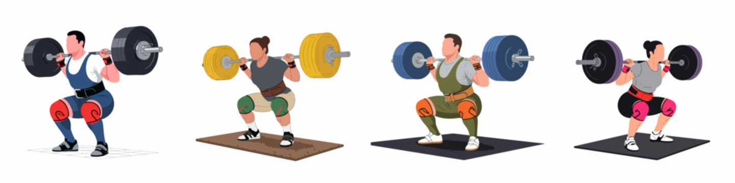 Diverse powerlifters perform heavy barbell squats. Men and women engaged in strength training and weightlifting. Dynamic vector illustration set for fitness and sport.