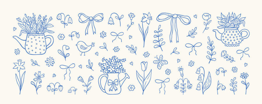 Coquette hand drawn Spring elements. Minimalist art sketch whimsical lines. Vector blossom meadow and garden flowers, bows, floral decor, watering can,bird, leaves and herb, strawberry, butterfly.