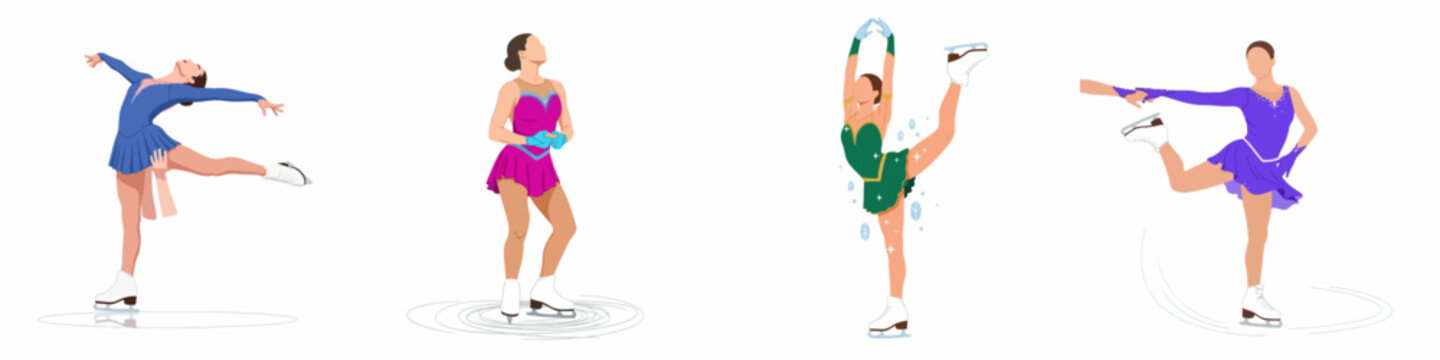 Four female figure skaters gracefully perform on ice, showcasing elegance and artistry in vibrant costumes during a winter sport competition.