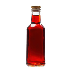 Glass bottle of red liquid with cork stopper isolated on transparent background