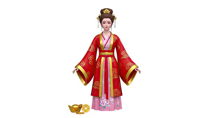 Fototapeta premium 3D Cartoon Chinese woman in traditional red and gold attire