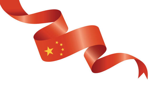China Flag Ribbon Waving Banner with Five Yellow Stars Isolated on White Background, Patriotic Chinese National Symbol and Identity Design