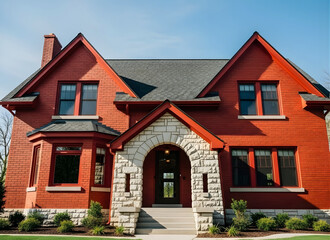 Beautiful red house with stone archway and gray roof exterior