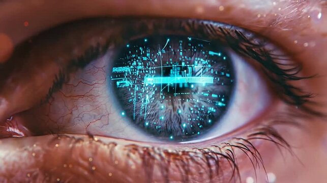 Detailed close-up of a human eye with a glowing blue digital circuit in its iris, futuristic interface