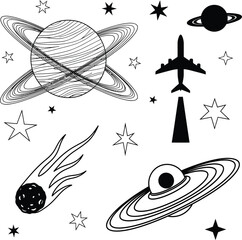 Vector featuring planets, comet, rocket, stars and a satellite in outer space