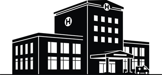 Minimalist hospital building design with a cross symbol stark black silhouette