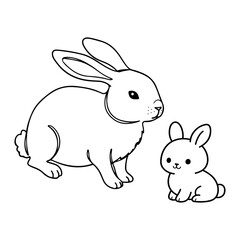 Obraz premium Cute mother and baby rabbit vector line art