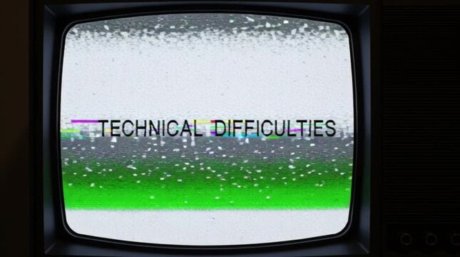A screen with glitches and static noise indicates technical difficulties